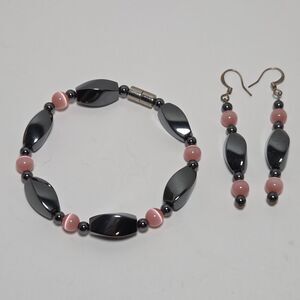 Handmade Pink Cat's Eye & Magnetic Hematite Bead Bracelet & Earring SET Wellness